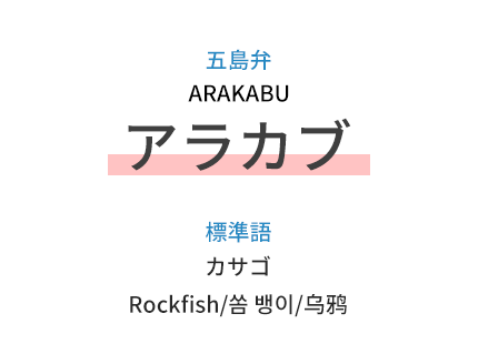 五島弁：アラカブ（ARAKABU）、標準語：カサゴ